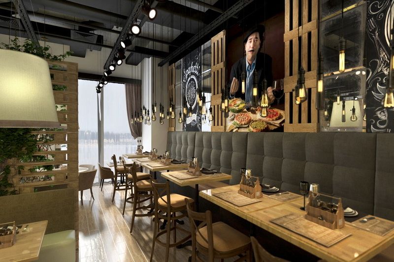 Фирменный стиль сети «Osteria Mario» в интерьере заведения в Сколково