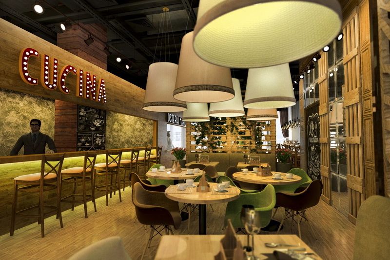 Освещение и декор в интерьере ресторана «Osteria Mario»
